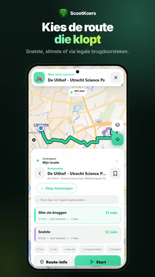 ScootKoers toont twee routes voor een scooter, Slim via bruggen en Snelste, beide met het vinkje Klaar