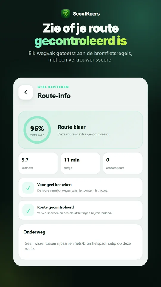Route-info in ScootKoers met 96 procent vertrouwen, route klaar en een vinkje voor geel kenteken