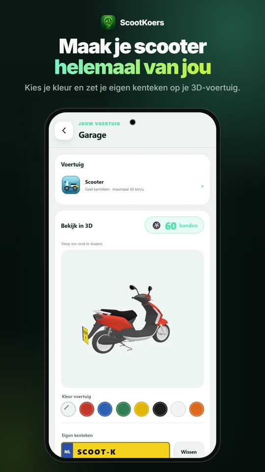 De Garage in ScootKoers met een rode scooter in 3D en een gele kentekenplaat