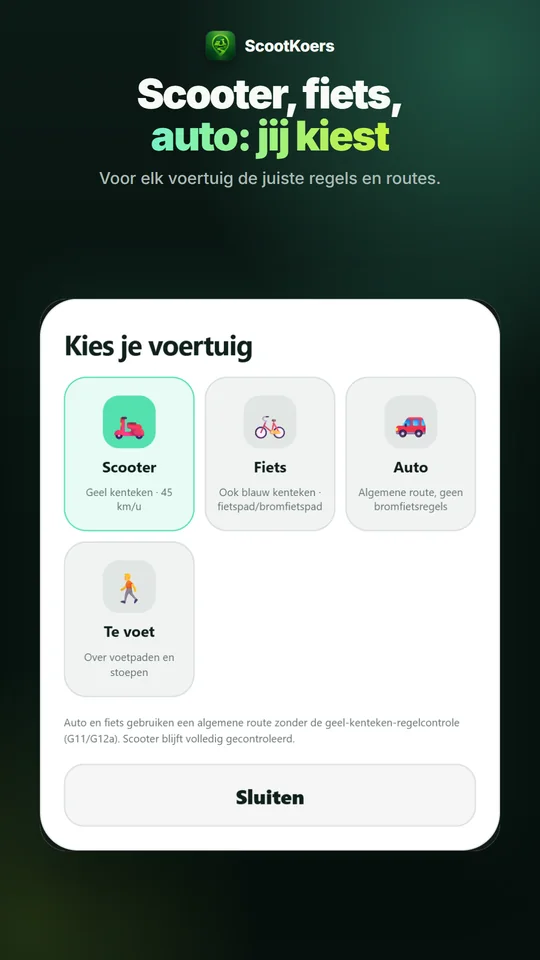 Voertuigkeuze in ScootKoers: scooter, fiets, auto of te voet